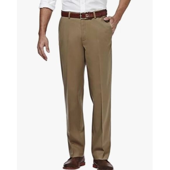 NEW Haggar No Iron Khaki Classic Fit Expandable Waist Flat Front Pant 44/30 - Picture 1 of 6